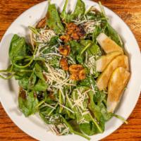 Fresh Spinach Salad · Baby spinach, pears, spiced walnuts, Asiago, balsamic Dijon vinaigrette. Add additional item...