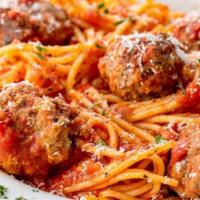Spaghetti Meatballs · Homemade Meatball made with beff.  Italian peeled tomato sauce and fresh basil.