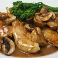 Chicken Marsala · Chicken breast sauteed with fresh mushrooms in a rich marsala wine sauce. Served with mashed...