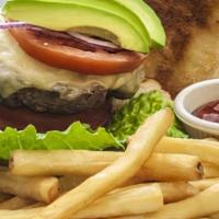 California Burger · Swiss cheese, avocado, red onions, lettuce, chipotle mayonnaise, and French fries.