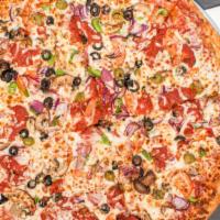 Veggie Pizza · Mushrooms, green peppers, onion,  black olives, tomato, fresh garlic, jalapeño pepper, eggpl...