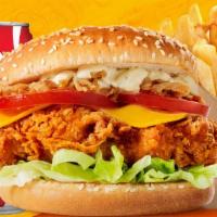 Crispy Chicken Burger, Fries & Can Soda · Comes with mayo and ketchup yellow or white cheese, onion, lettuce tomatoes and chicken patty.