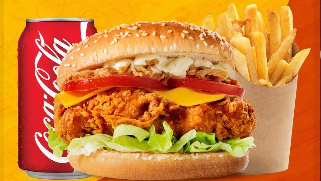 Crispy Chicken Burger, Fries & Can Soda · Comes with mayo and ketchup yellow or white cheese, onion, lettuce tomatoes and chicken patty.