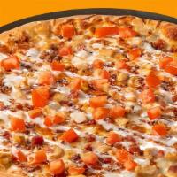 Chicken Bacon Ranch Pizza · Ranch sauce, pizza cheese, chicken and bacon, cheddar cheese.