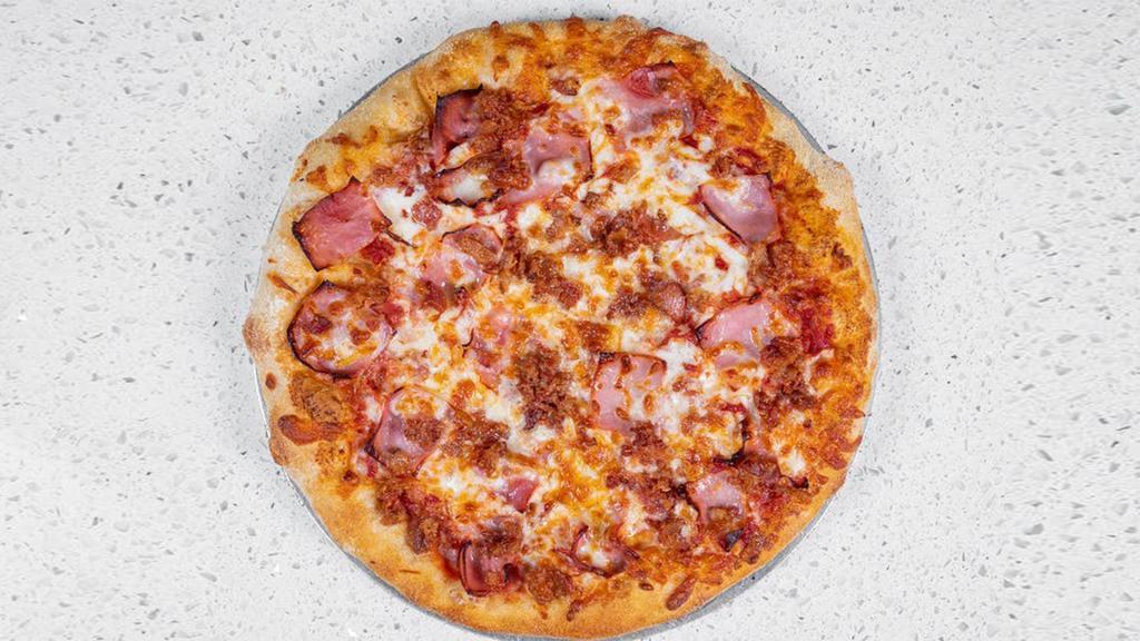 Super Hawaiian · Regular sauce, regular with shredded provolone cheese, ham, bacon, roasted red peppers, pineapple.