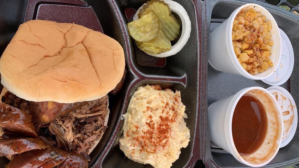 The Big Vinny · Chop beef brisket with Hudson's sausage, pickles, onions, and bbq sauce. Comes with two sides (potato salad, cole slaw, Texas bbq bean, street corn, or potato chips)