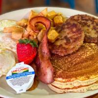 Big Man'S Special · Two pancakes, two eggs any style, and two choices of bacon, ham, beef sausage or pork sausage.