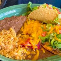 Taco Haven Enchilada Plate · Two cheese enchiladas with beef gravy, one beef or chicken soft or crispy taco, one bean & c...