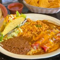 Jerry'S Mexican Dinner · Two cheese enchiladas with beef gravy, one soft or crispy taco with beef or chicken.