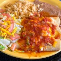 Enchiladas Entomatadas · Great for vegans and vegetarians. Three-piece enchiladas filled with Monterey Jack cheese, t...