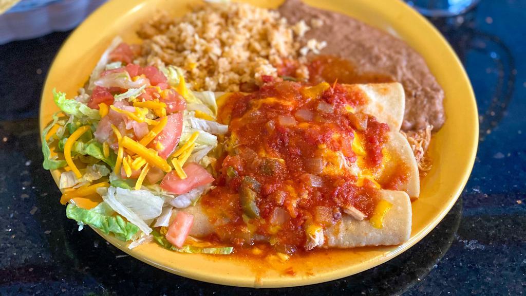 Enchiladas Entomatadas · Great for vegans and vegetarians. Three-piece enchiladas filled with Monterey Jack cheese, topped with our special tomato sauce and sour cream.