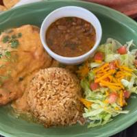 Chile Relleno Plate · Poblano pepper stuffed with picadillo especial, topped with melted monterey jack cheese and ...