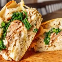 Pig + Pasture · Spicy. Shaved roasted heritage pork, broccoli rabe, melted provolone, long hot pepper aioli.