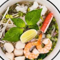 Seafood Pho · Shrimps, Fish Ball, Squid, and Immitation Crab with Rice Noodles in Chicken Broth Base