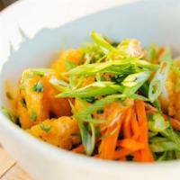 Firework Shrimp · Corn starch fried shrimp, iceberg, carrots, green onion, cilantro, sweet Thai chili aioli. GF.