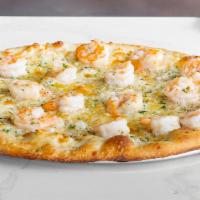 Shrimp Scampi Pizza · Olive Oil, Garlic & Lemon base. Mozzarella, Shrimp.