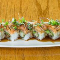 Scuba Diver Roll · Soft shell crab, cucumber, sprouts, topped with spicy yellowtail, micro greens, wasabi yuzu.