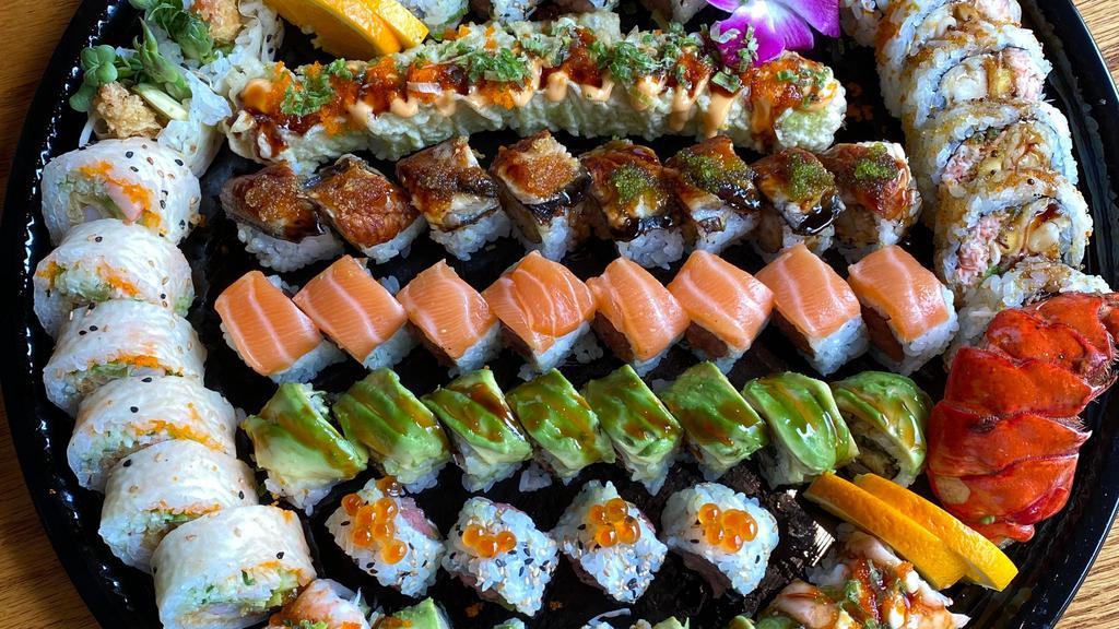 Special Roll Combo Platter #1 · A variety of our top selling special rolls (9 signature rolls) 
Lobster Roll
Crazy Irishman 
Toro Ikura Roll
West U Roll
Koi Roll
Caterpillar Roll
Anime Roll
Sumo Roll
Nami Roll