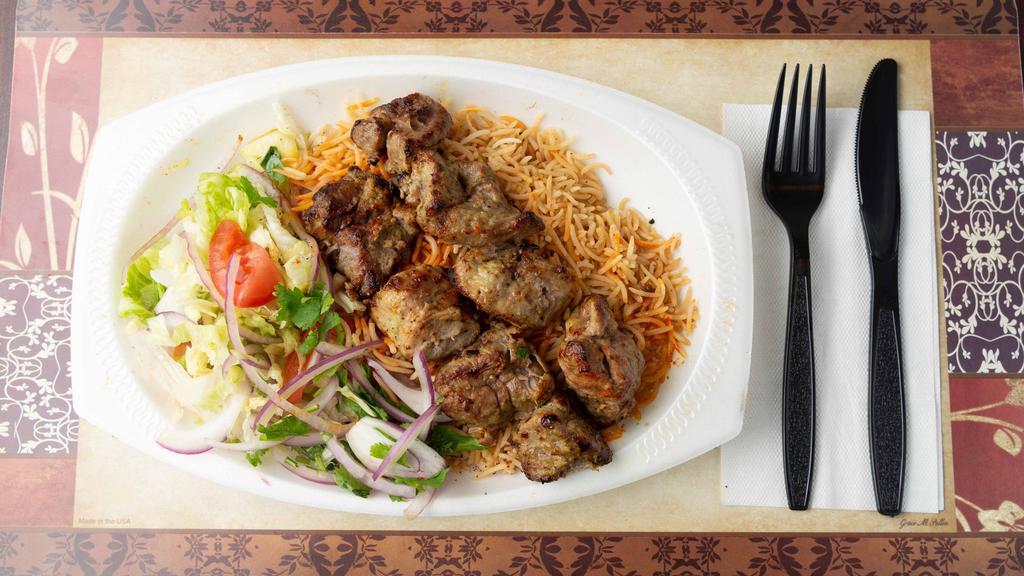Beef Kabob · Large chunks of tender beef, marinated in a special blend of spices and broiled over charcoal on a skewer.