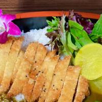 Tonkatsu Bowl · Fried Pork over rice, seaweed, bean Sprout, yellow radish and spring mix w. special sauce on...