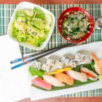 Sushi Set · Raw. Chef choice of 8 pieces nigiri,  6 pieces roll (choice of California roll, tuna or spic...