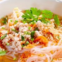 Tom Yum Chicken Noodle Soup · Spicy and sour ground chicken noodle soup, grounded peanuts