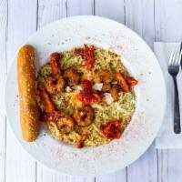 Jalapeno Shrimp Pasta · Pasta, shrimp, basil, pesto, jalapeños, roasted tomatoes, parmesan. Served with bread & side...