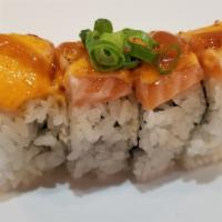 Seared Salmon Roll (4Pc) · Krab salad, cucumber, topped with fresh salmon, then seared with our spicy mayo, finished wi...