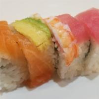 Rainbow Roll (4Pc) · Spicy. Krab salad, cucumber, topped with salmon, tuna, ebi, and avocado (raw).