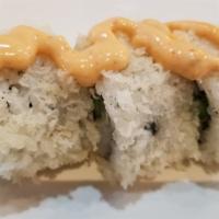 Asparagus Roll (3Pc) · Tempura asparagus, cream cheese, covered in crunchy flakes and spicy mayo.