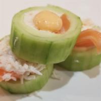 Fresh Roll (3Pc) · Krab salad, fresh salmon in a cucumber wrap, with a dab of spicy mayo (raw).