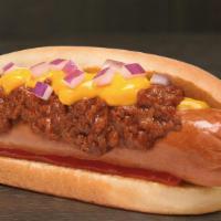 Chili Cheese Dog · Our grilled all-beef hot dog smothered in zesty chili and crowned with cheese.