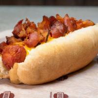 Bacon Cheese Dog · Wrapped in bacon and topped with melted Cheddar cheese.