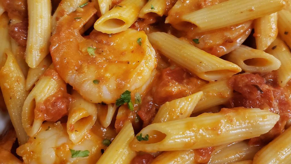 Shrimp Ricardo · Jumbo shrimp sautéed with fresh mushrooms in our creamy, spicy vodka sauce and tossed with penne.
