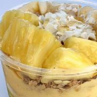 Tropical Bowl · Blend of: mango, banana, pineapple, coconut cream, honey & salt
Topping: gf granola, pineapp...