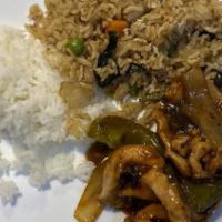 Chicken With Black Bean Sauce · Served with white rice.