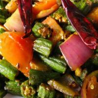 Aloo Bhindi (House Special) · Vegan, gluten free, vegetarian. Okra and potatoes tempered with aromatic whole spices and co...