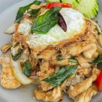 Ka Pow Street Style · Stir-fried garlic, onions, basil , thai chili peppers, basil sauce, fried egg served with ja...