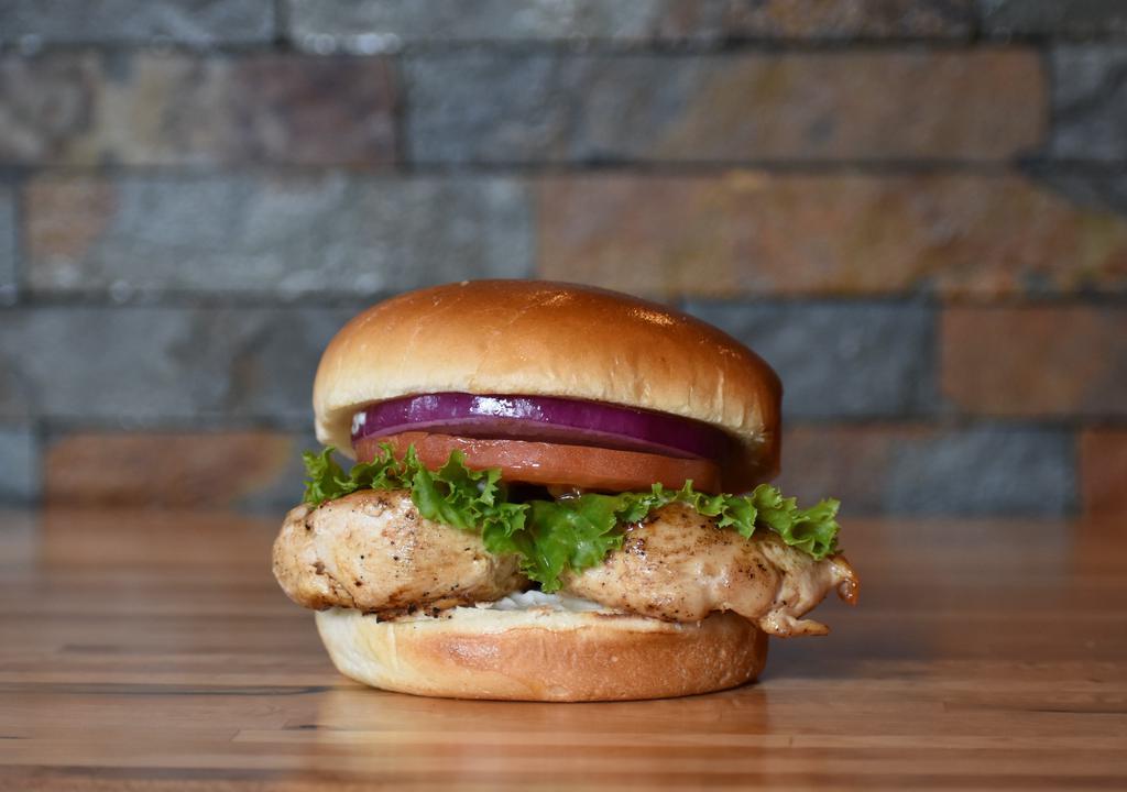 Chicken Sandwich · Choice of fried, grilled or Buffalo. Marinated chicken breast with mayonnaise, lettuce, tomato and sweet red onions. Add fries for an additional charge.