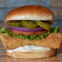 Crispy Fish Sandwich · Boston cod, golden fried with tartar sauce, lettuce, tomato, sweet red onions and pickles. A...