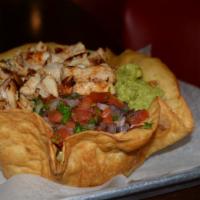 Taco Salad · Guacamole, pico de gallo, sour cream, shredded cheese mix, jalapeños, salsa and grilled chic...