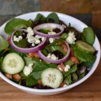 District House Salad · Fresh mesclun mix with sliced tomatoes, sliced cucumbers, sweet red onions, shredded carrots...