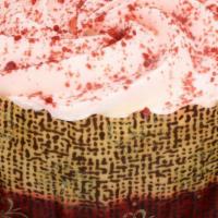 Red Velvet Layer Cake · Red velvet cake topped with cream cheese mousse, whipped cream and red velvet cake crumbs.