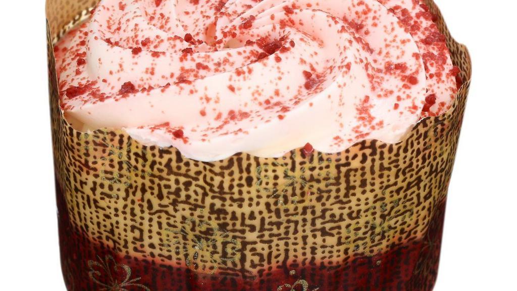 Red Velvet Layer Cake · Red velvet cake topped with cream cheese mousse, whipped cream and red velvet cake crumbs.