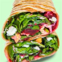 Sweet Beet Wrap · Chickpeas, beet, red onion, goat cheese, spinach with Balsamic Vinaigrette in a flour tortilla