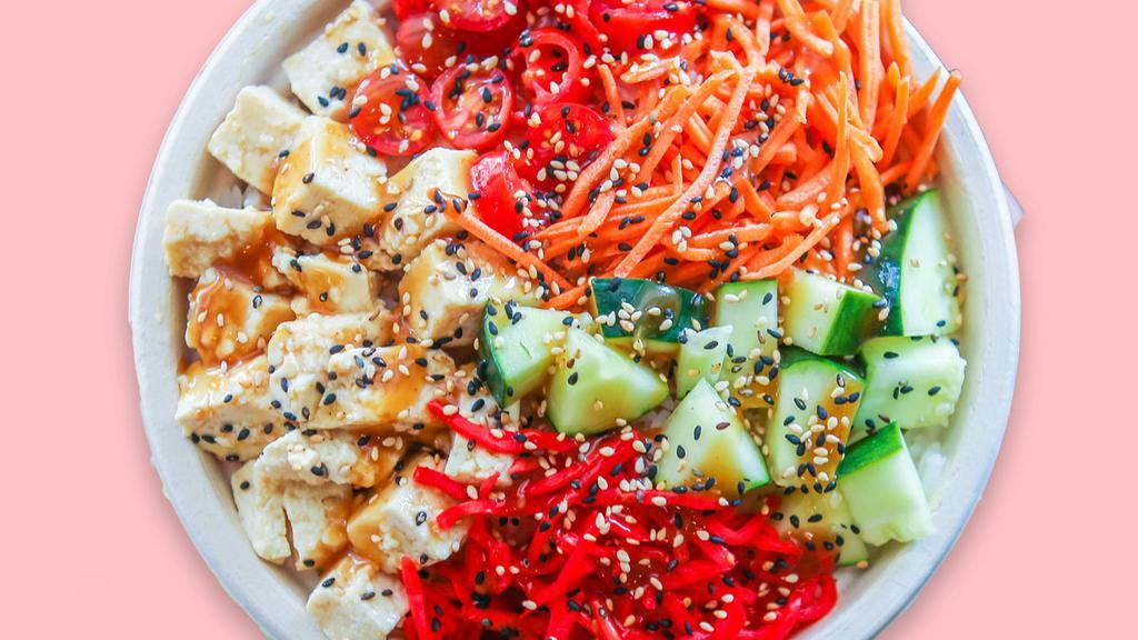 Tofu Special Poke · White Rice, Tofu, Cucumbers, Tomatoes, Carrots, Pickled Ginger, Sesame Seeds and topped with Sesame Sauce