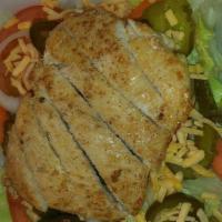 Fresh Grilled Chicken Salad · Fresh iceberg lettuce, tomatoes, onions, carrots, black olives, shredded cheese, grilled chi...
