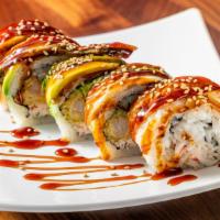 Black Spider Roll · In: soft shell crab, avocado, crabmeat, cucumber. Out: fresh water eel, avocado, spicy samur...