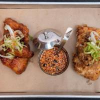 Double-Fried Chicken Wings · Dry spiced or Spicy soy glazed.