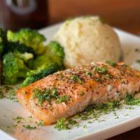 Atlantic Salmon (Gf) · Gluten-free. Blackened or grilled salmon, mashed potatoes, sautéed broccoli & carrots.